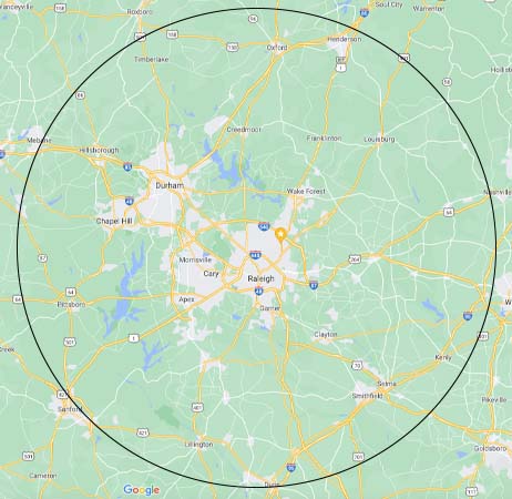 Map showing service area across Central North Carolina including Raleigh, Durham, Chapel Hill, and surrounding communities
